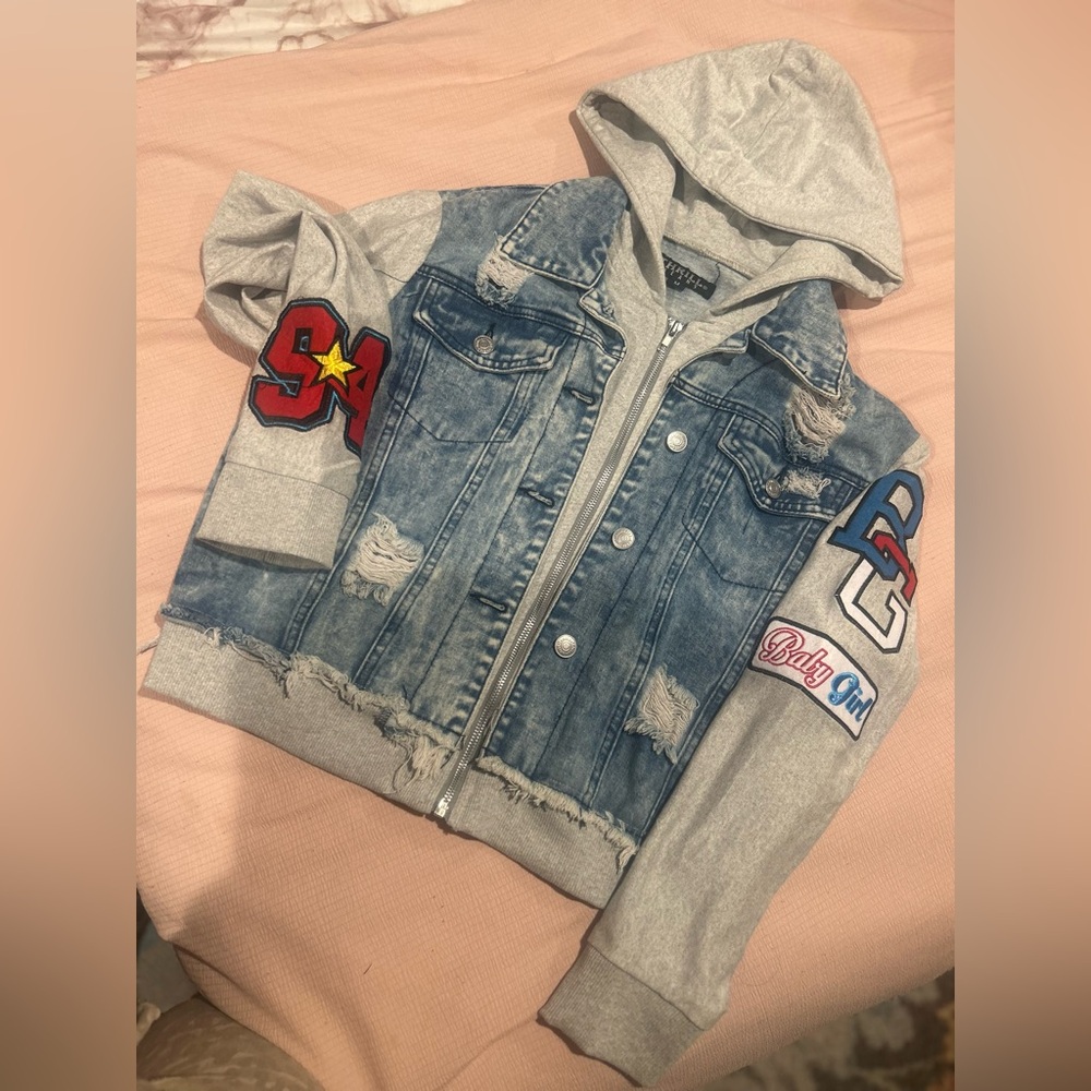 Denim and Gray Hooded Jacket